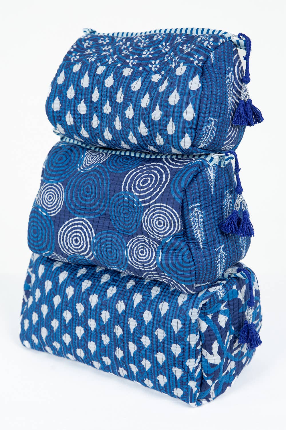 Indigo Quilted Cotton Toiletry Bag Set
