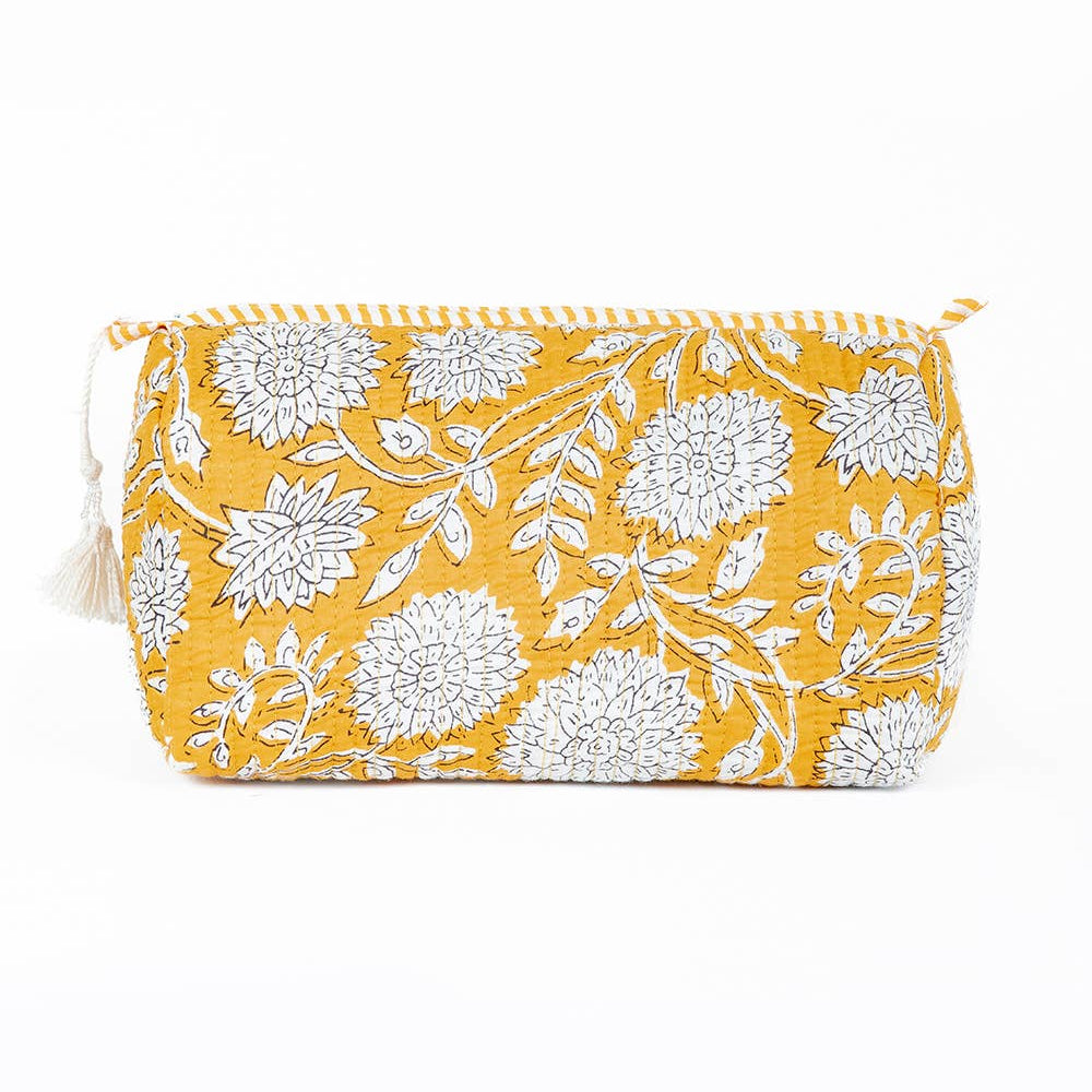 Yellow Floral print Quilted Cotton Toiletry Bag Set